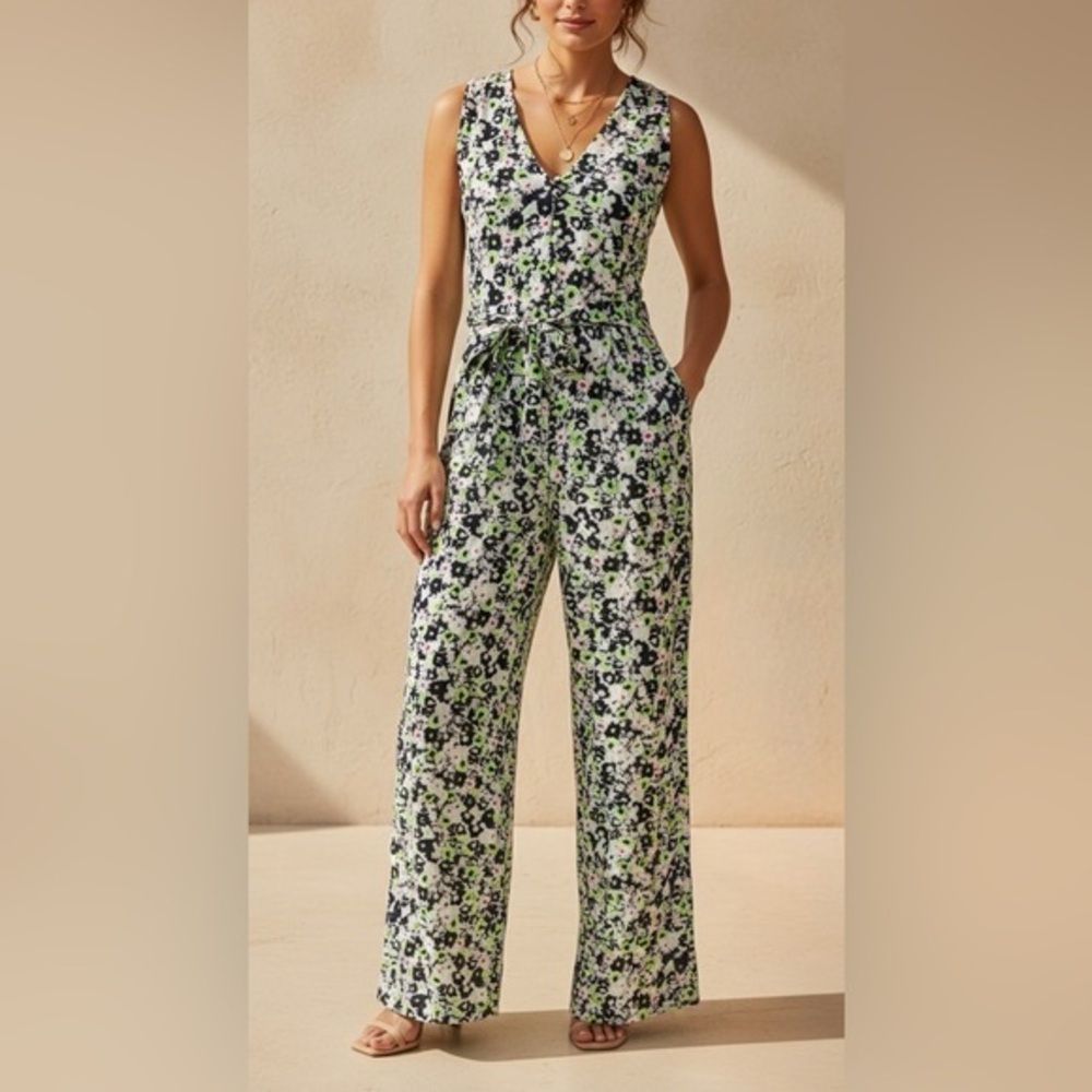 KACHEL X ANTHROPOLOGIE Floral Wide Leg Jumpsuit Blue Green 8